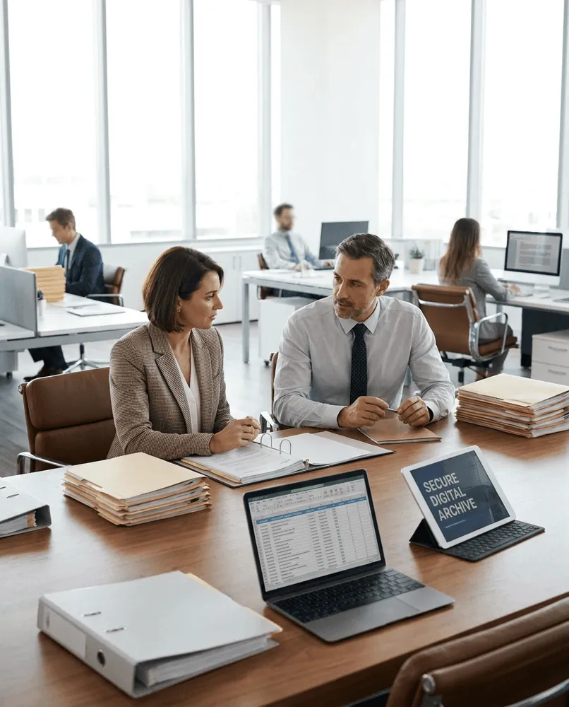 Two professionals discussing documents at a desk in an office, with laptops and files, other employees working in background